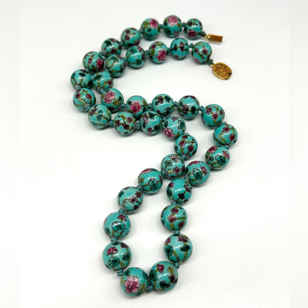 Vintage Chinese Hand Painted Blue Pink Floral Porcelain Ceramic Bead Necklace